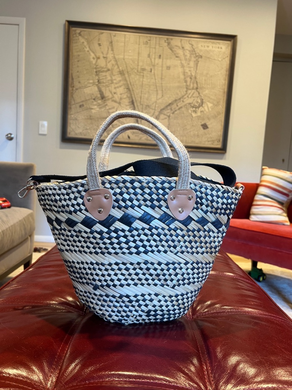 Woven Black and White Straw Tote with Rope Handles and back liner with a pocket!
